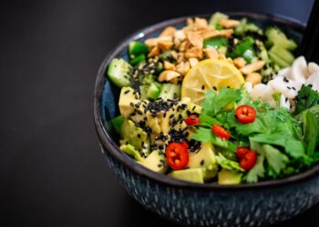 vegetable salad in gray bowl