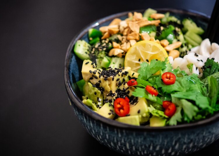 vegetable salad in gray bowl